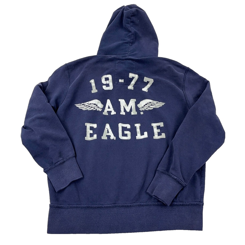 Vintage Y2K American Eagle Hoodie Men Large Blue Sweatshirt Faded Wings Grunge*